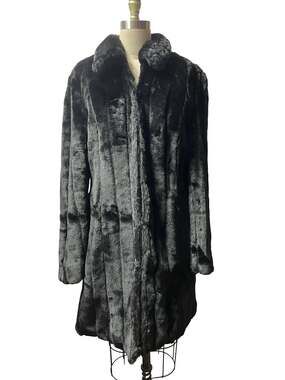 Old Money Quiet Luxury Black Faux Mink Fur Coat Hook & Eye Evening Coat Sz L